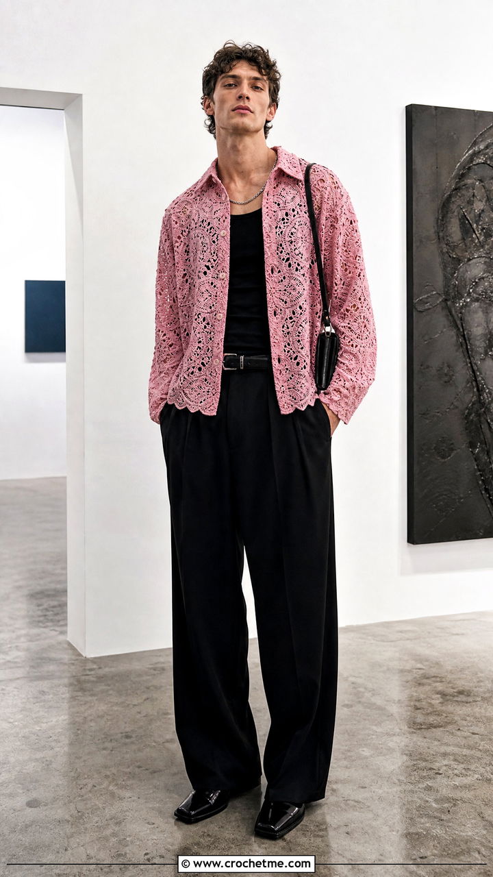Long Sleeve Lace Crochet Shirt With Black Wide Leg Trousers - 35 crochet shirt men outfit ideas