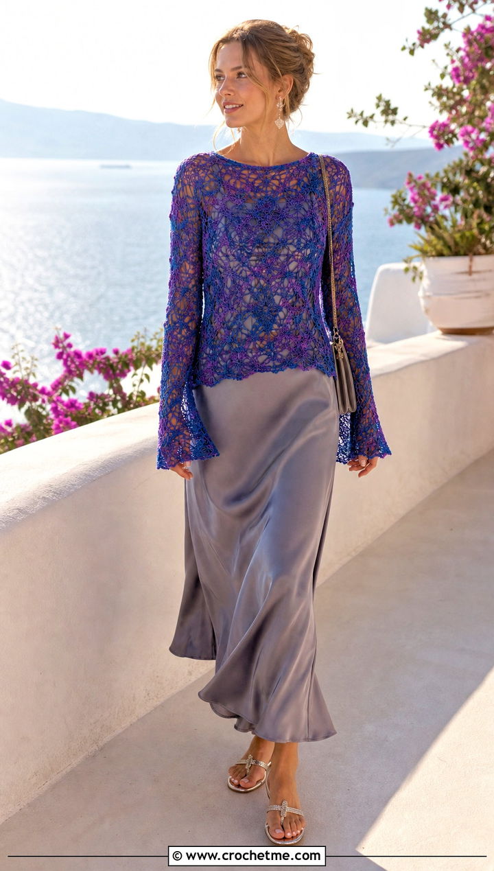 Long Sleeve Lace Crochet Summer Jumper With Slip Dress - 20 Crochet Summer Jumper outfit ideas