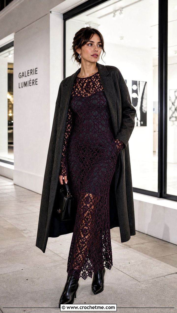 Long Sleeve Lace Long Crochet Dress With Ankle Boots - 35 Long Crochet Dress outfit ideas