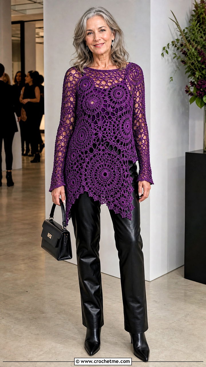 Long Sleeve Mandala Crochet Asymmetrical Top With Leather Pants - 35 crochet asymmetrical top outfit ideas