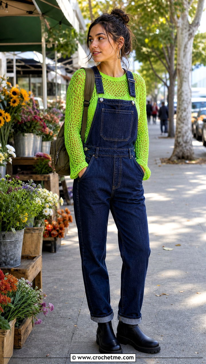 Long Sleeve Mesh Crochet Blouse With Denim Overalls - 15 fall crochet blouse outfit ideas