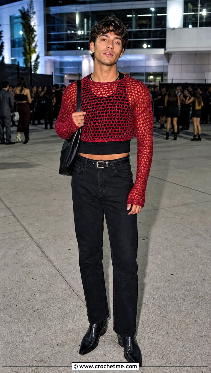 Long Sleeve Mesh Crochet Crop Top With Black Jeans - 25 Men Crochet Crop Top outfit ideas