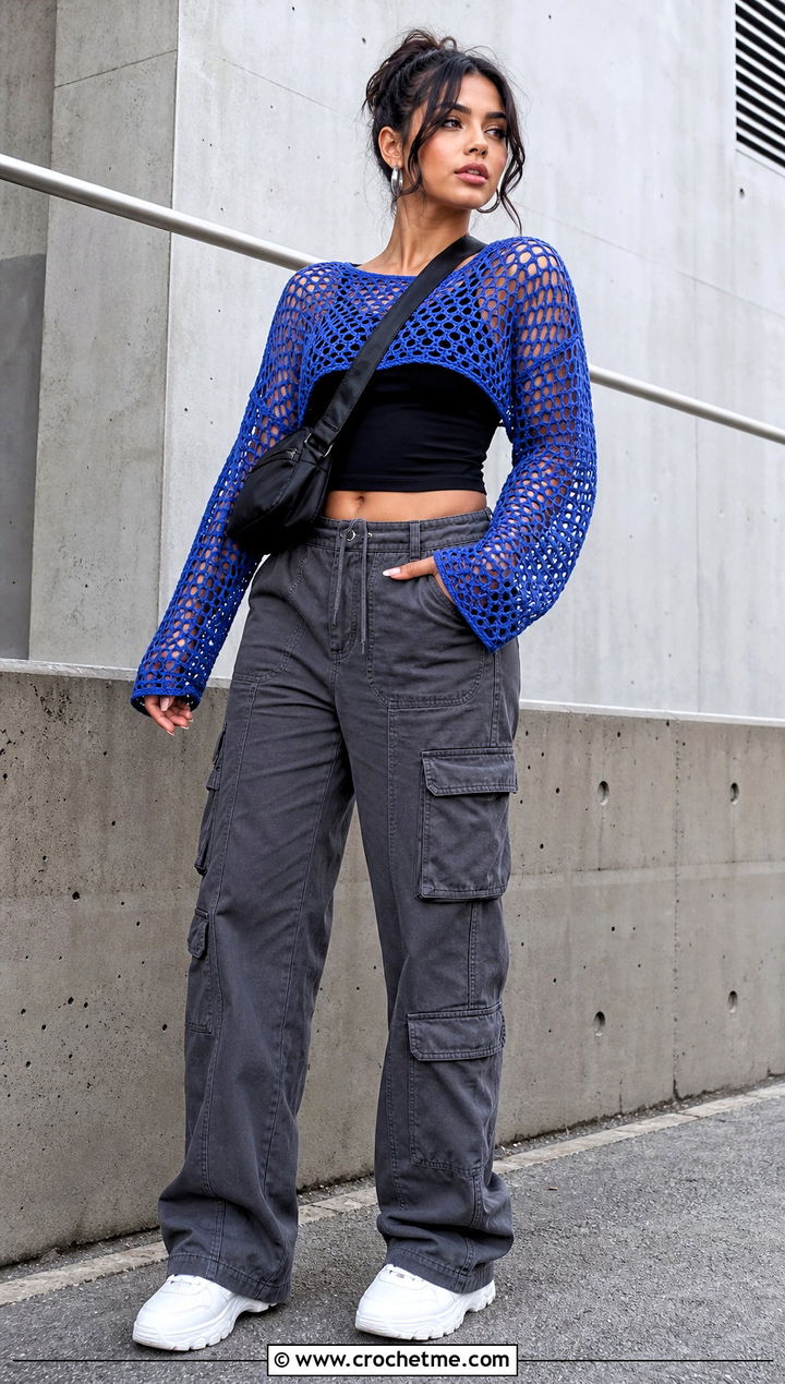 Long Sleeve Mesh Crochet Crop Top With Cargo Pants - 20 Crochet Crop Top Inspiration outfit ideas