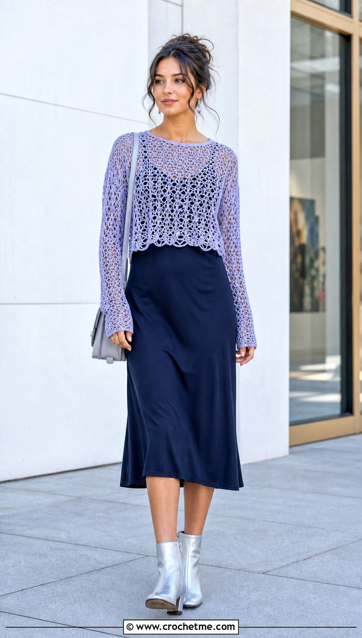 Long Sleeve Mesh Crochet Cropped Top Over A Slip Dress - 20 Crochet Cropped Top outfit ideas