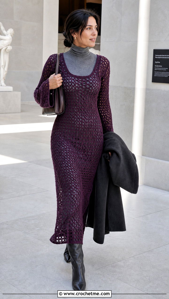 Long Sleeve Mesh Crochet Dress With Turtleneck - 35 simple crochet dress outfit ideas