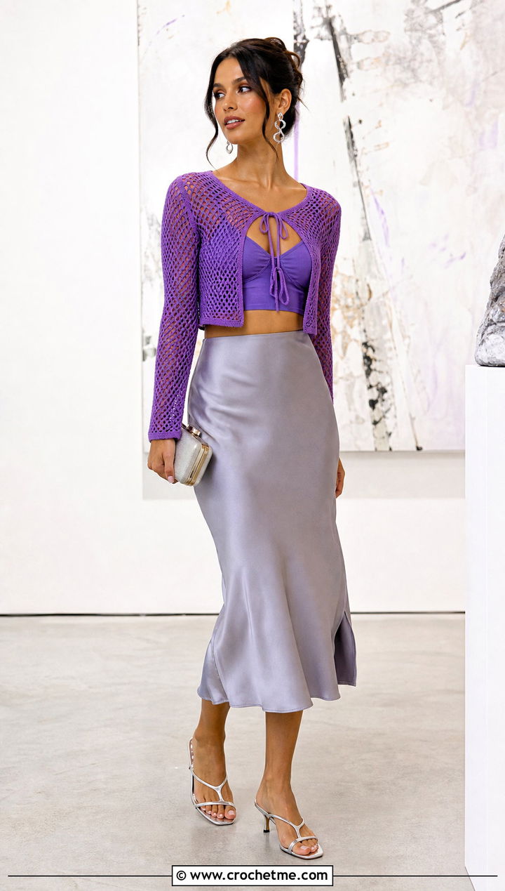 Long Sleeve Mesh Crochet Front Tie Crop Top With Satin Midi Skirt - 15 crochet front tie crop top outfit ideas