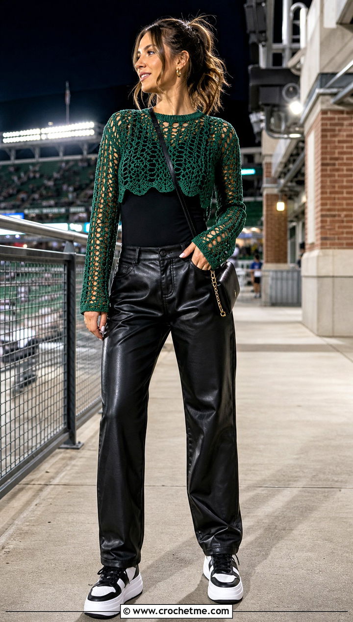 Long Sleeve Mesh Crochet Game Day Top With Leather Pants - 25 Crochet Game Day Top outfit ideas