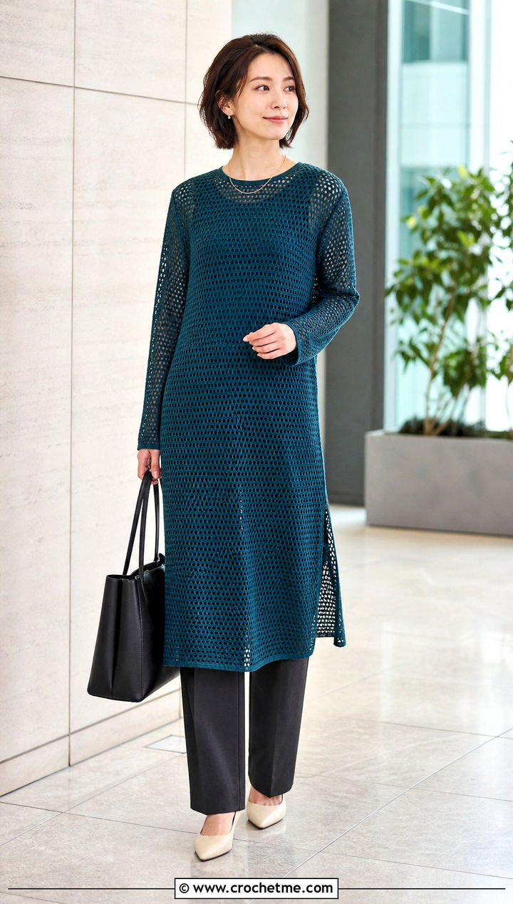 Long Sleeve Mesh Crochet Midi Dress With Tailored Trousers - 30 mesh crochet dress outfit ideas
