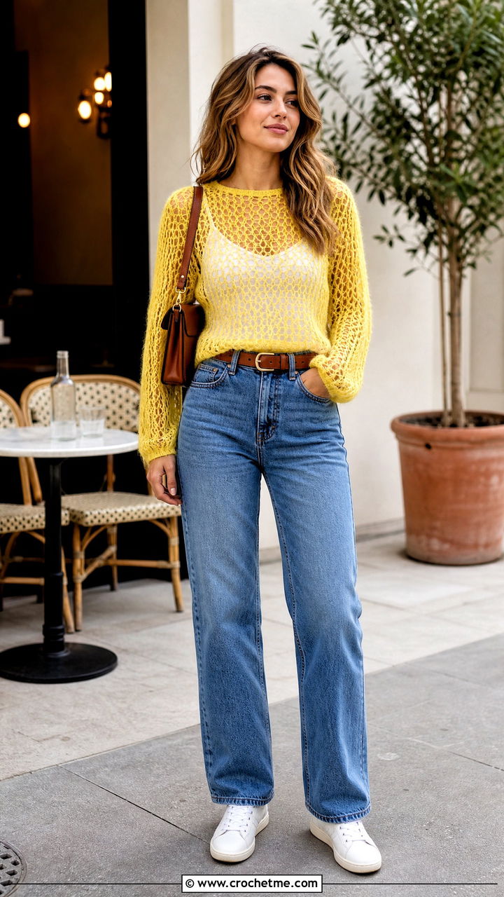 Long Sleeve Mesh Crochet Mohair Top With Straight Jeans - 35 crochet mohair top outfit ideas
