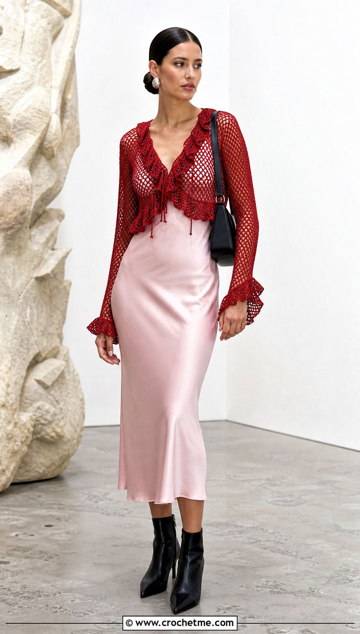 Long Sleeve Mesh Crochet Ruffle Top Over A Slip Dress - 15 Crochet Ruffle Edging Top outfit ideas
