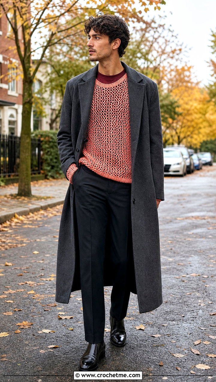 Long Sleeve Mesh Crochet Shirt With An Overcoat - 35 men's crochet shirt outfit ideas