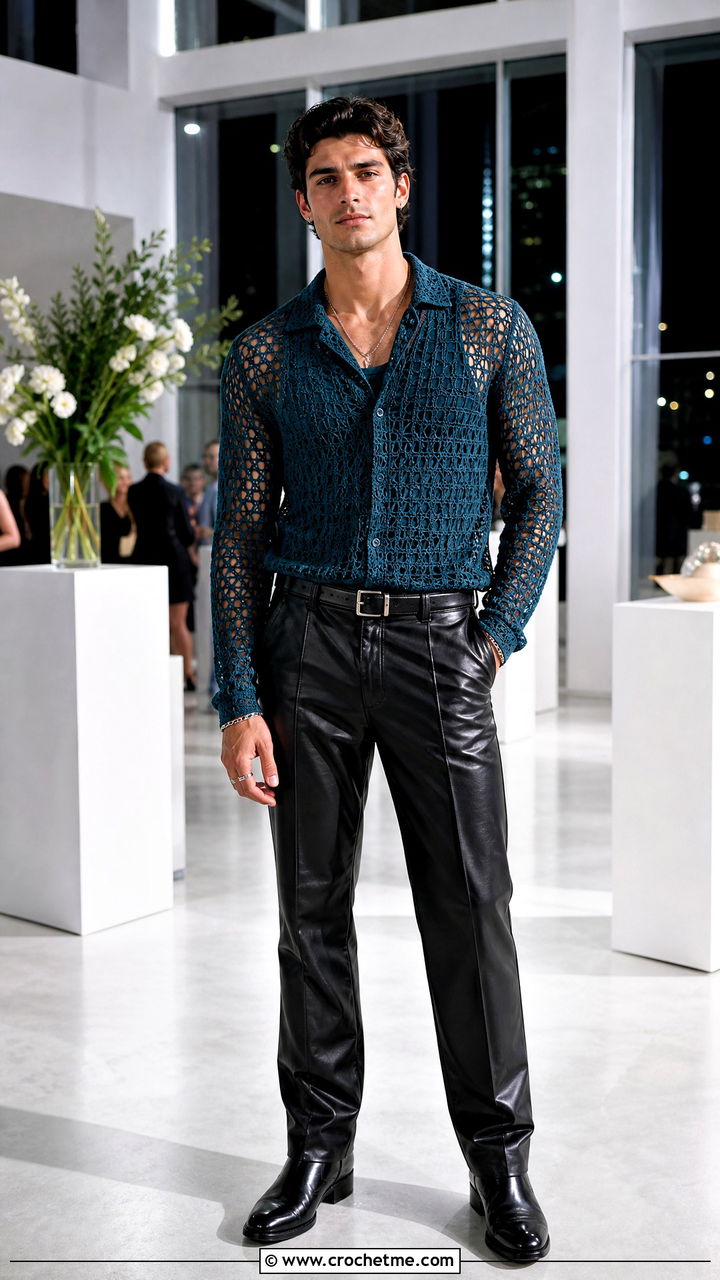 Long Sleeve Mesh Crochet Shirt With Leather Trousers - 35 crochet shirts for men outfit ideas