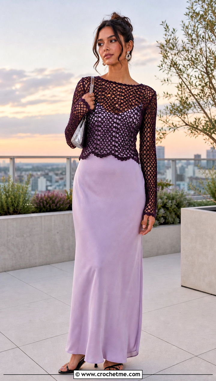 Long Sleeve Mesh Crochet Top Over A Slip Dress - 20 crochet lace summer top outfit ideas