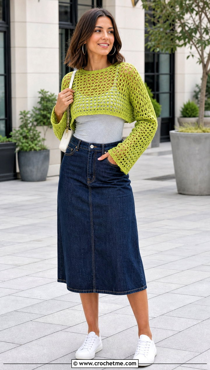 Long Sleeve Mesh Crochet Top Over A Tank - 30 Crochet Top Layering Outfit ideas