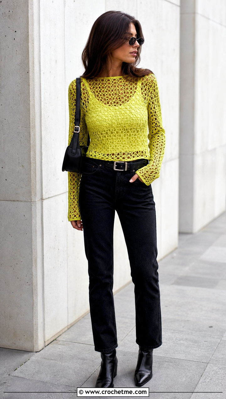 Long Sleeve Mesh Crochet Top With Black Jeans - 35 Fitted Crochet Top outfit ideas