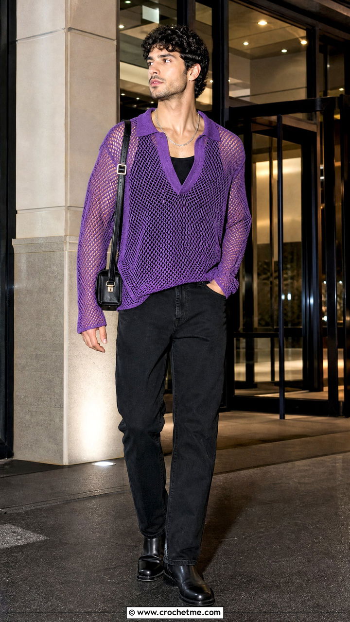 Long Sleeve Mesh Crochet Top With Black Jeans - 35 crochet top for men outfit ideas