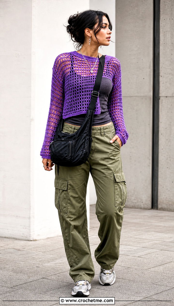 Long Sleeve Mesh Crochet Top With Cargo Pants - 35 style crochet top outfit ideas