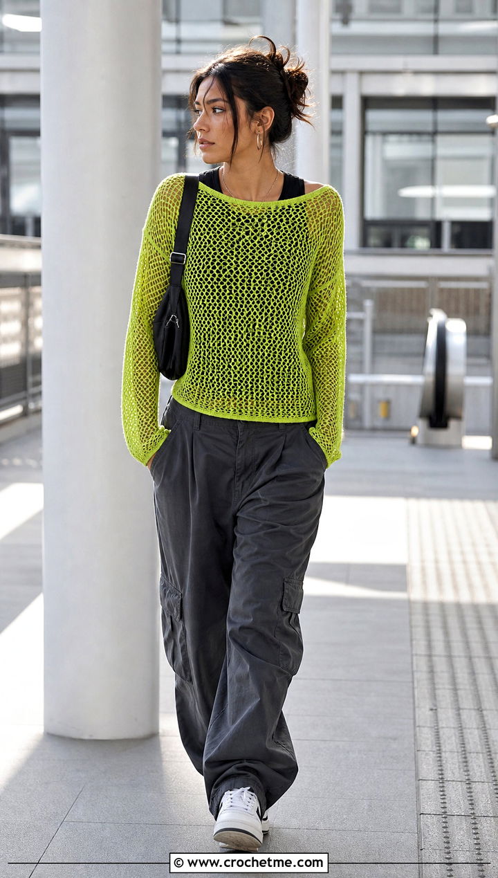 Long Sleeve Mesh Crochet Top With Cargo Pants - 25 Spring Crochet Tops outfit ideas