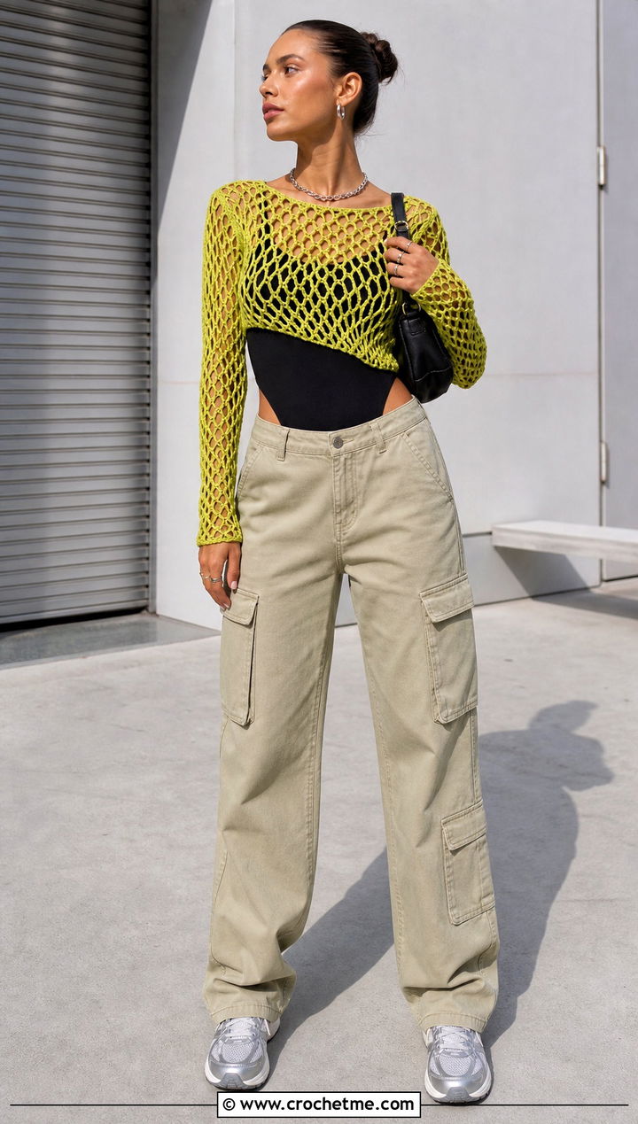 Long Sleeve Mesh Crochet Top With Cargo Pants - 25 vintage crochet top outfit ideas
