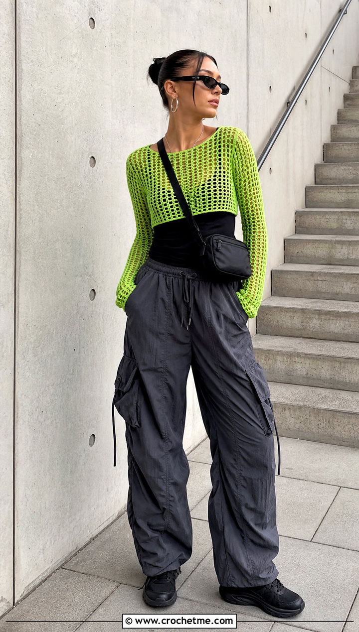 Long Sleeve Mesh Crochet Top With Cargo Pants - 15 boho crochet tops for women outfit ideas
