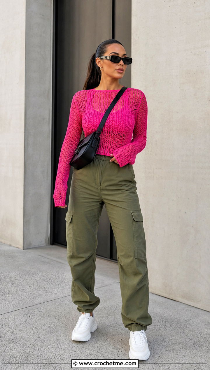Long Sleeve Mesh Crochet Top With Cargo Pants - 35 Outfit With Crochet Top outfit ideas