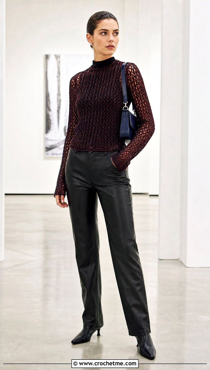 Long Sleeve Mesh Crochet Top With Leather Pants - 20 dainty crochet top outfit ideas