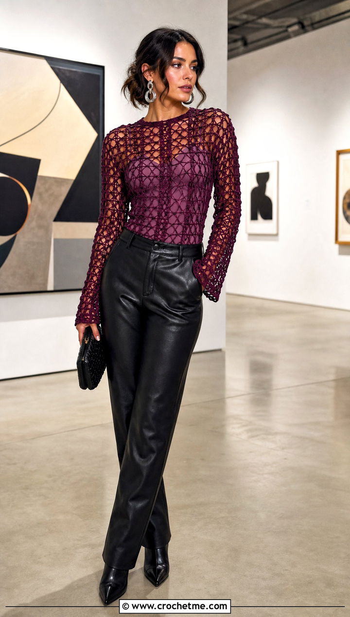 Long Sleeve Mesh Crochet Top With Leather Pants - 20 modern crochet top outfit ideas