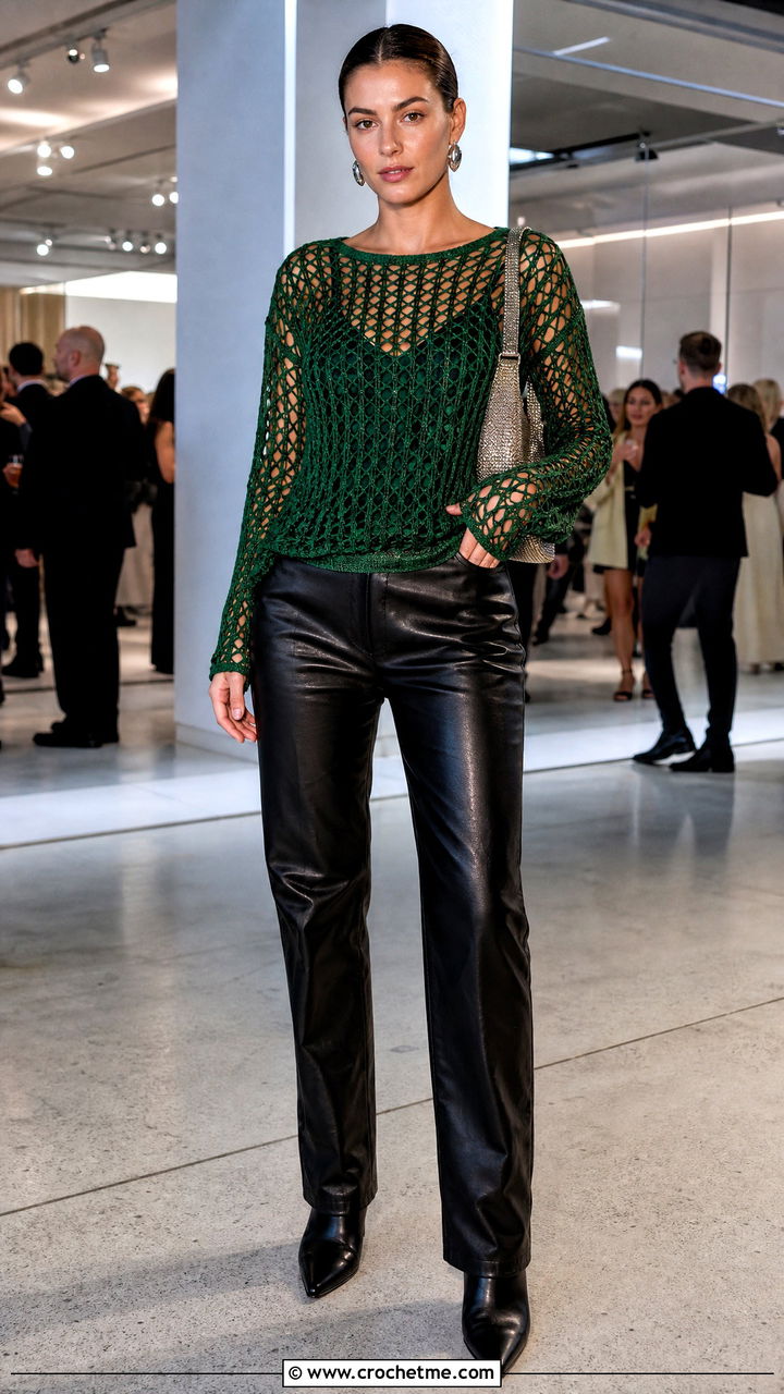 Long Sleeve Mesh Crochet Top With Leather Pants - 35 Basic Crochet Top outfit ideas