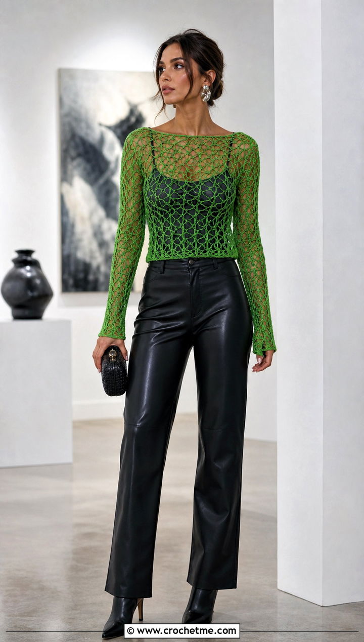 Long Sleeve Mesh Crochet Top With Leather Pants - 30 diy crochet top outfit ideas