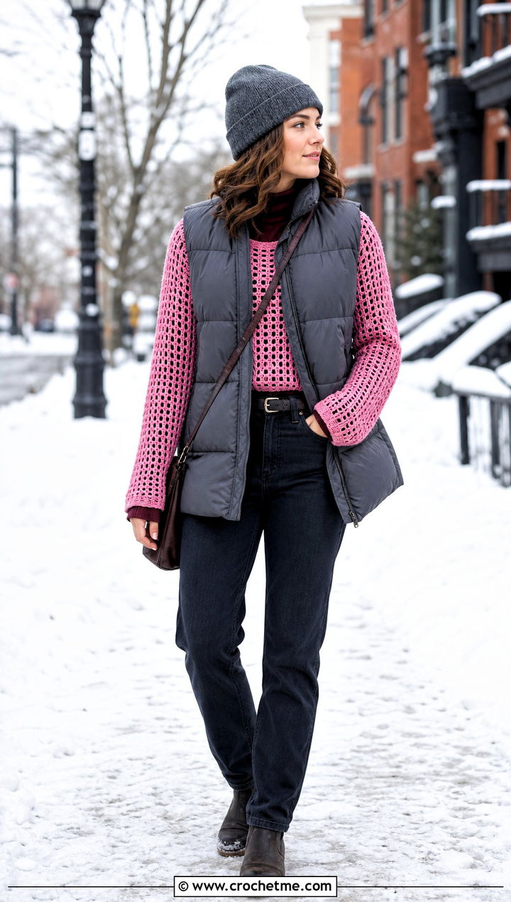 Long Sleeve Mesh Crochet Top With Puffer Vest And Jeans - 30 unique crochet top outfit ideas
