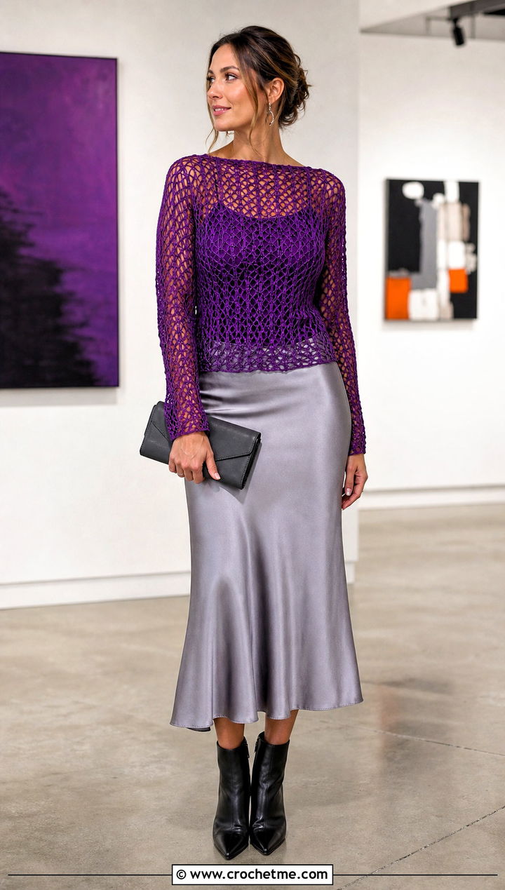 Long Sleeve Mesh Crochet Top With Satin Skirt - 15 crochet tops on hangers outfit ideas
