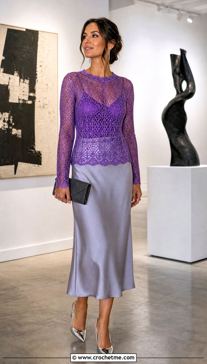 Long Sleeve Mesh Crochet Top With Satin Skirt - 35 crochet spring tops outfit ideas