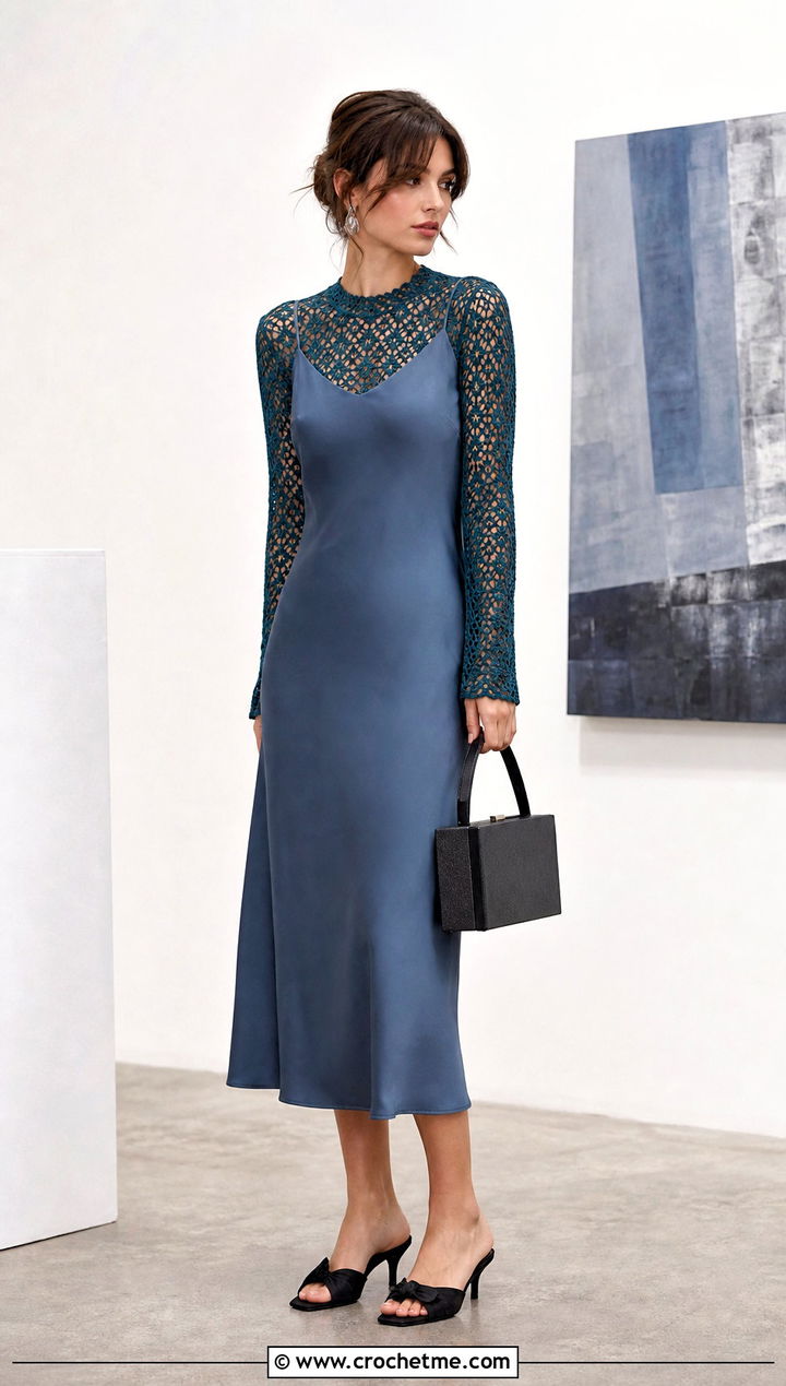 Long Sleeve Mesh Crochet Top With Slip Dress - 35 Elegant Crochet Top outfit ideas