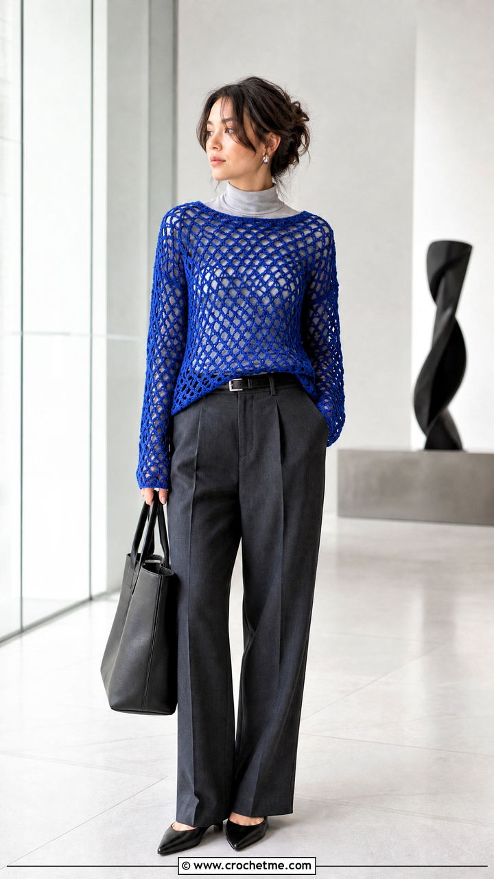 Long Sleeve Mesh Crochet Top With Tailored Trousers - 35 mesh crochet top outfit ideas