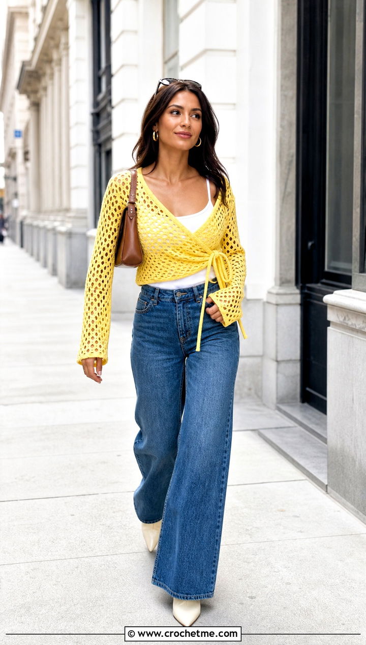 Long Sleeve Mesh Crochet Wrap Top With Wide Leg Jeans - 30 crochet wrap around top outfit ideas