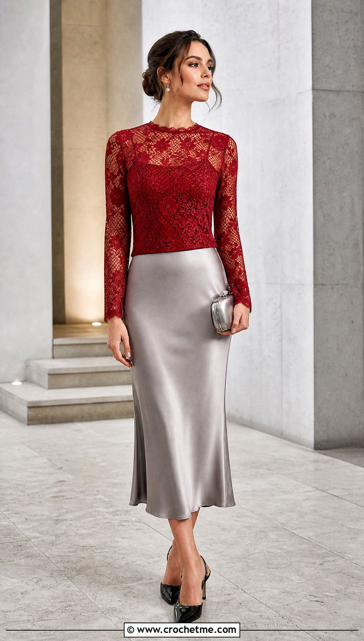 Long Sleeve Mesh Floral Crochet Blouse With Satin Midi Skirt - 15 floral crochet blouse style outfit ideas