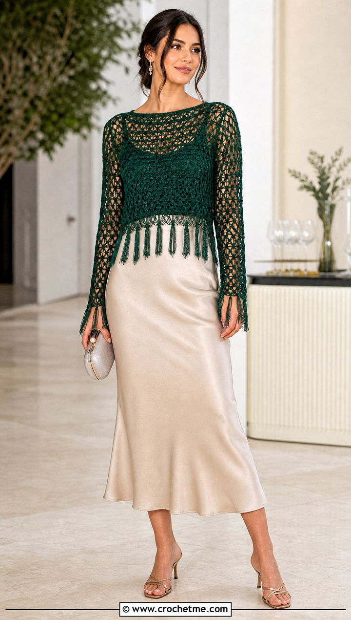 Long Sleeve Mesh Tassel Top With Satin Skirt - 25 crochet top with tassels outfit ideas
