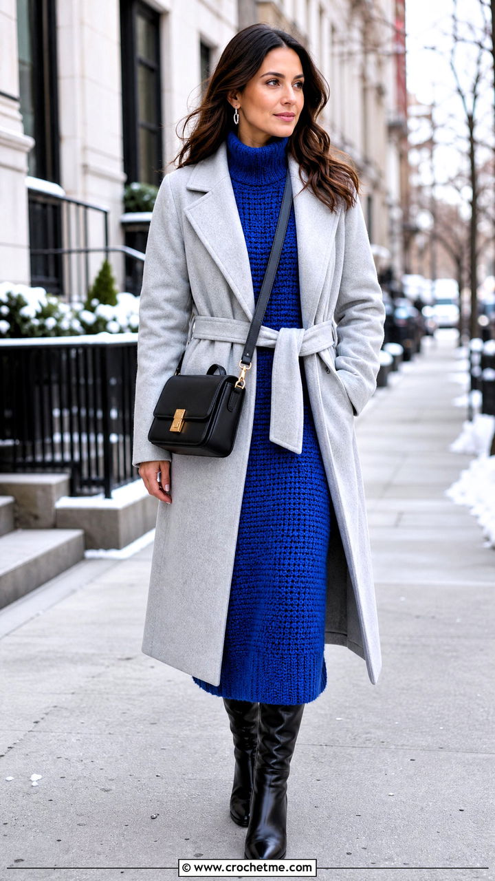 Long Sleeve Midi Crochet Winter Dress With Knee High Boots - 35 crochet winter dress outfit ideas