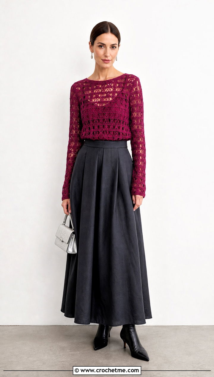 Long Sleeve Openwork Crochet Blouse With Pleated Maxi Skirt - 15 quick crochet blouse outfit ideas