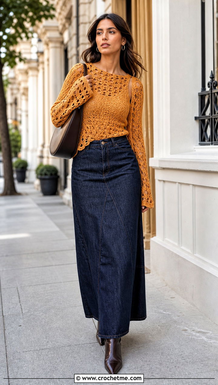 Long Sleeve Openwork Crochet Top With Denim Maxi Skirt - 35 sabrina carpenter crochet top outfit ideas