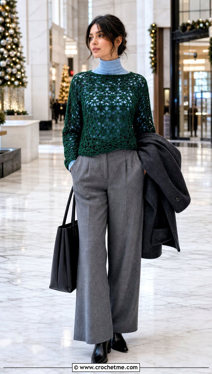 Long Sleeve Openwork Green Crochet Blouse With Wool Trousers - 15 green crochet blouse design outfit ideas