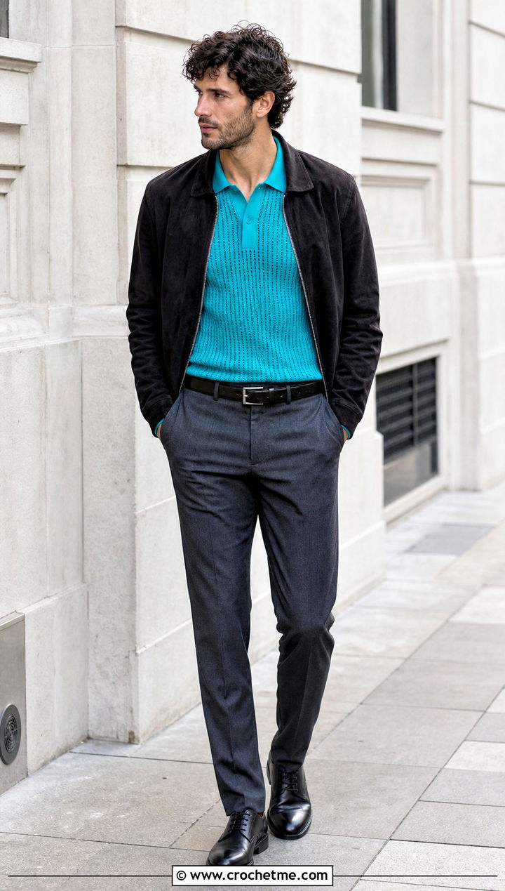 Long Sleeve Pointelle Crochet Polo With Wool Trousers - 35 men's crochet shirt outfit ideas