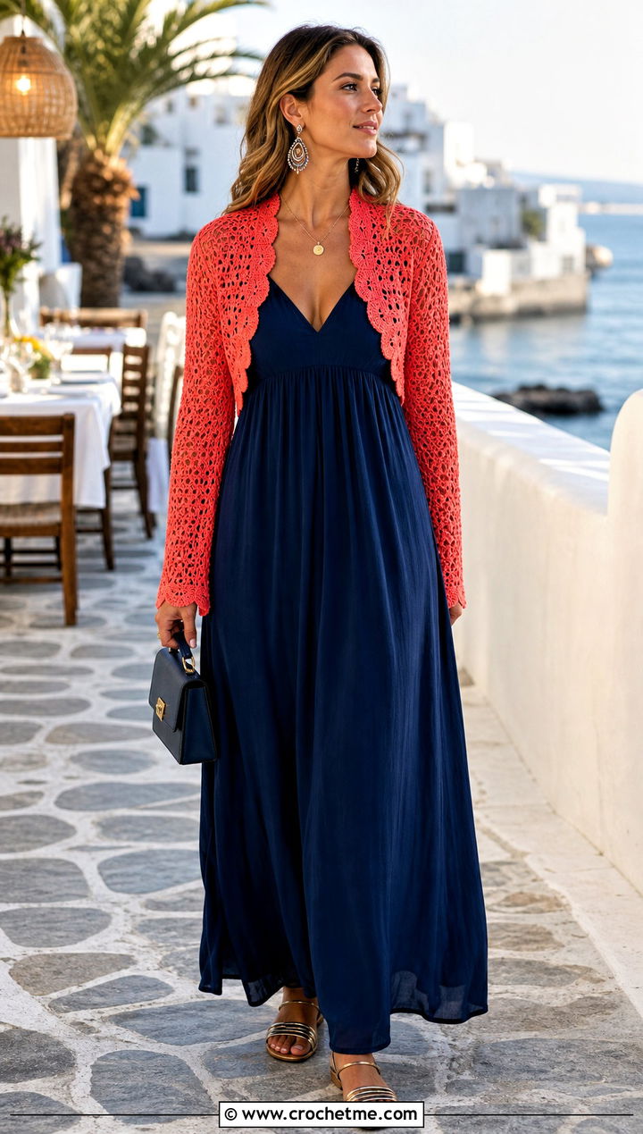Long Sleeve Shrug Bolero With Maxi Dress - 35 crocheted bolero outfit ideas