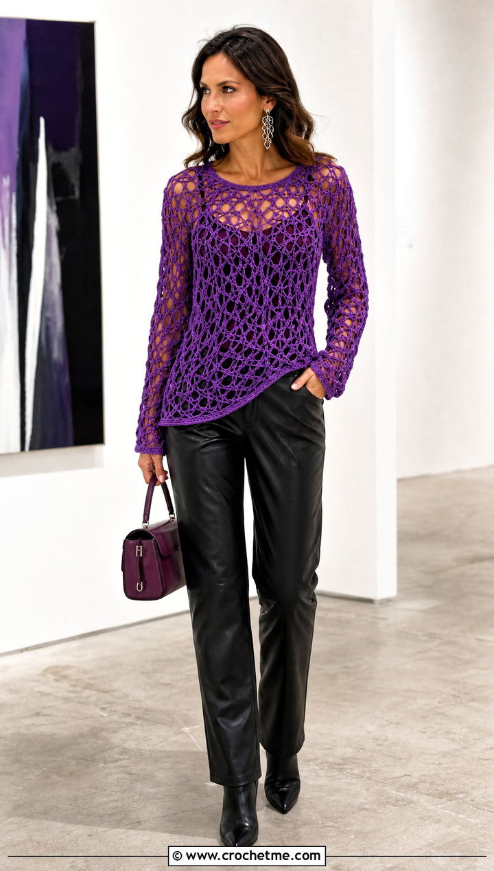 Long Sleeve Solomon Knot Crochet Top With Leather Pants - 35 solomon knot crochet top outfit ideas