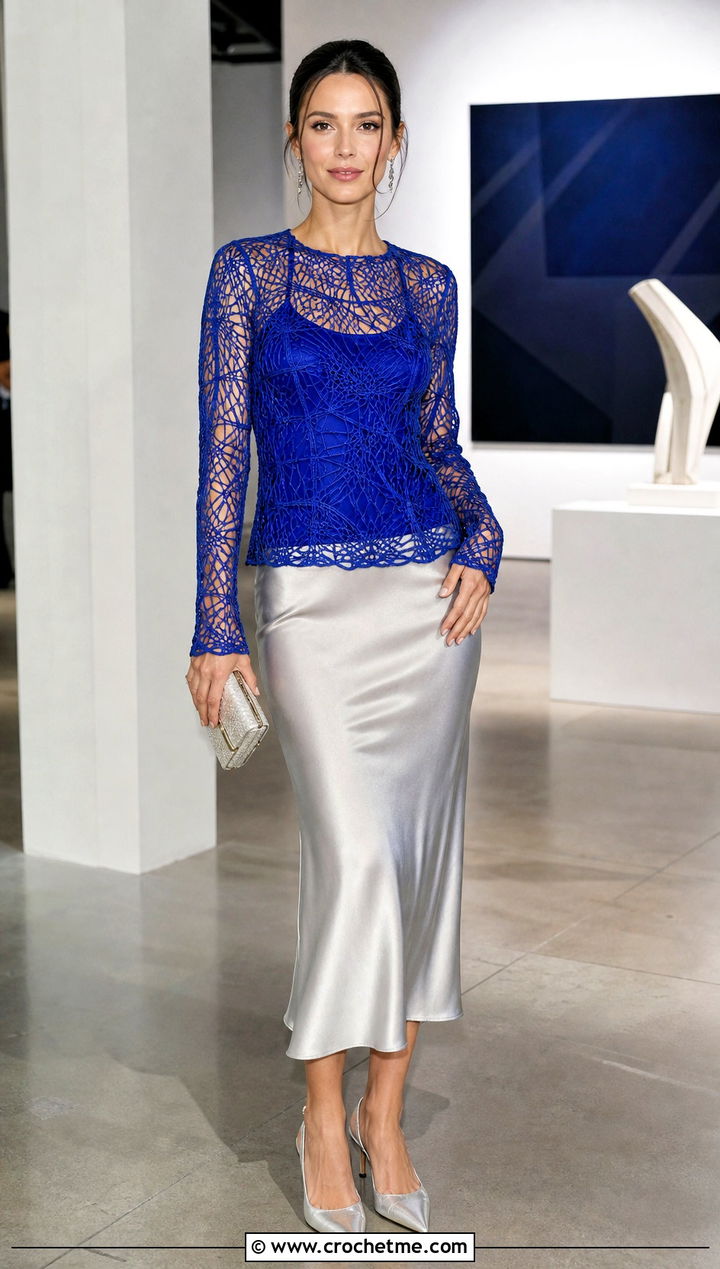Long Sleeve Spider Crochet Top With Satin Midi Skirt - 35 spider crochet top outfit ideas