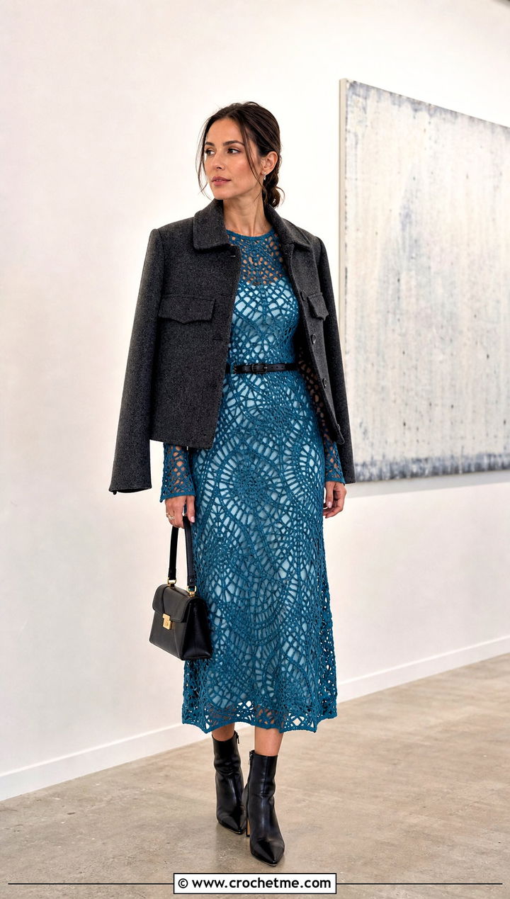 Long Sleeve Spider Web Crochet Midi Dress With Ankle Boots - 15 spider web crochet dress outfit ideas