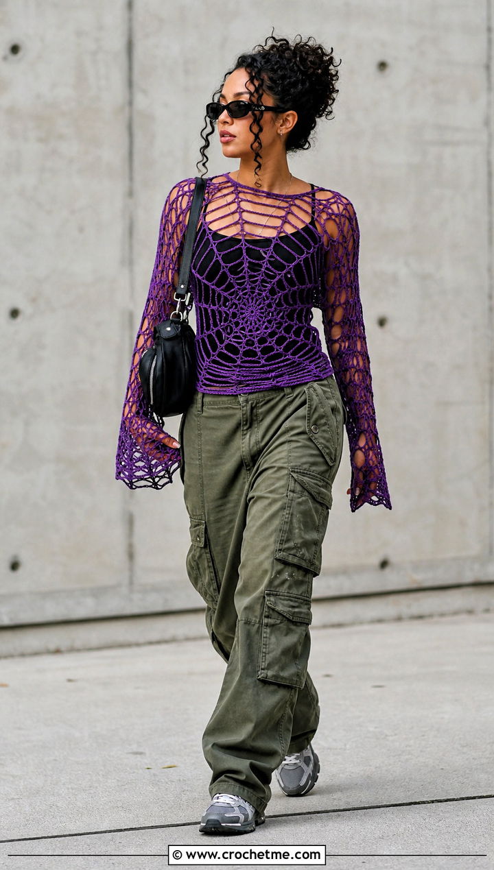Long Sleeve Spiderweb Top With Cargo Pants - 30 crochet spiderweb top outfit ideas