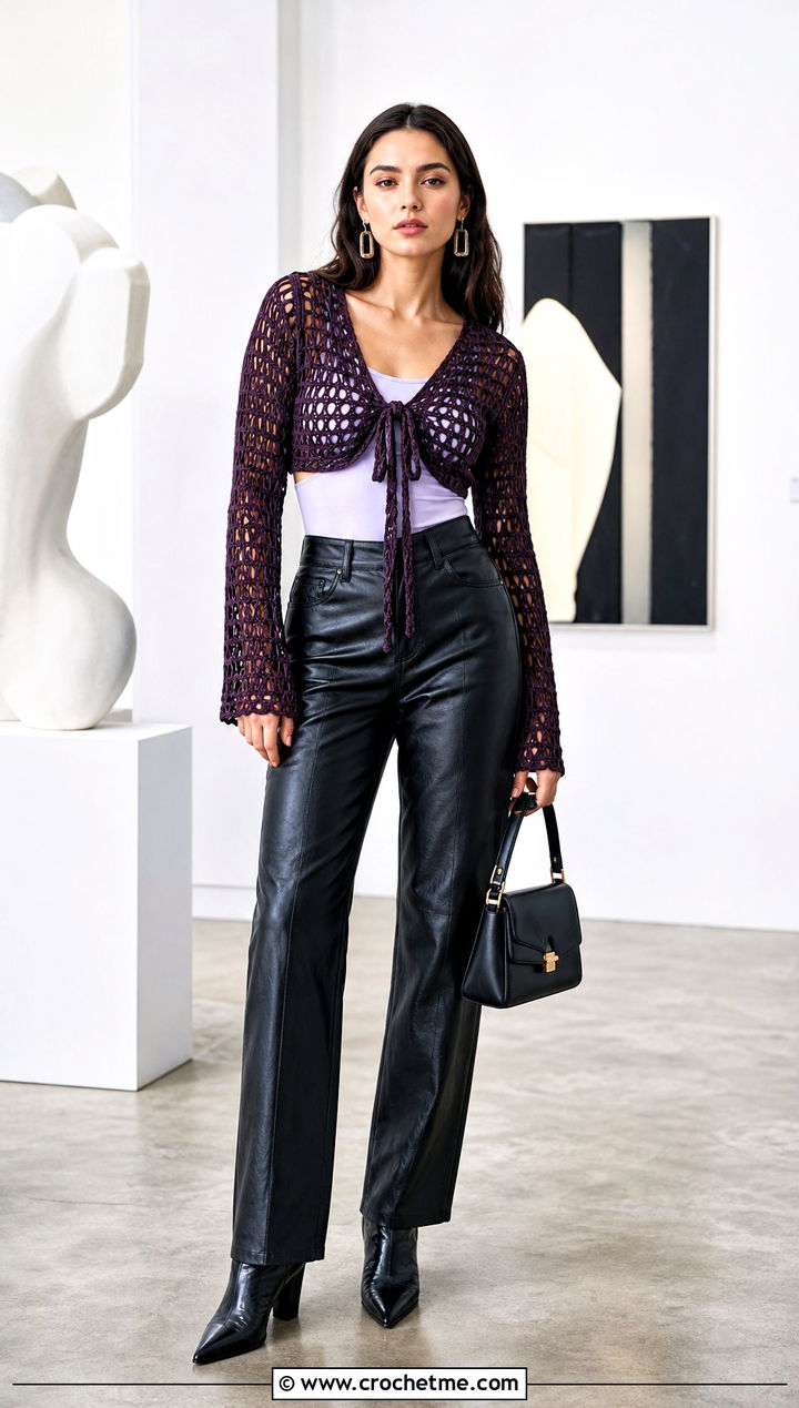 Long Sleeve Tie Front Crochet Top With Leather Pants - 25 Crochet Top With Ties outfit ideas