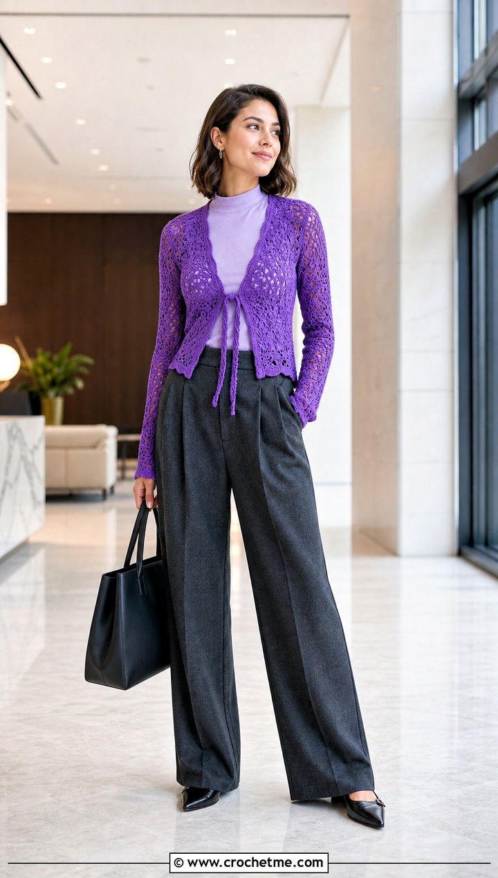 Long Sleeve Tie Front Crochet Top With Tailored Trousers - 15 tie up crochet top outfit ideas