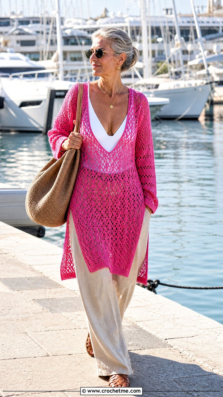 Long Sleeve Tunic Crochet Beach Dress With Linen Pants - 35 crochet beach dress outfit ideas